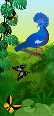 Vector Jungle rainforest vertical baner with victoria crowned pigeon and  New Guinea birdwings butterflies