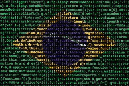 Brazil flag  is depicted on the screen with the program code. The concept of modern technology and site development - Powered by Adobe