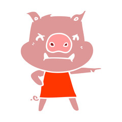 angry flat color style cartoon pig in dress pointing