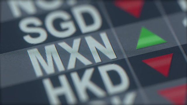 Increasing Mexican peso exchange rate indicator on computer screen. MXN forex ticker