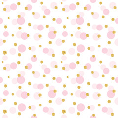Glitter confetti polka dot pattern background. Golden and pastel pink trendy colors. For birthday, valentine and scrapbook design.
