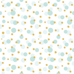 Glitter confetti polka dot pattern background. Golden and pastel blue trendy colors. For birthday and scrapbook design.