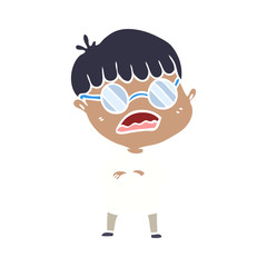 flat color style cartoon boy with crossed arms wearing spectacles