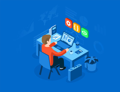 Programmer at work concept. Can use for web banner, infographics, hero images. Flat isometric vector illustration