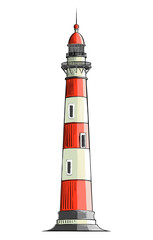 Hand drawn sketch of a lighthouse in color, isolated on a white background. Detailed drawing in the style of vintage. Vector illustration