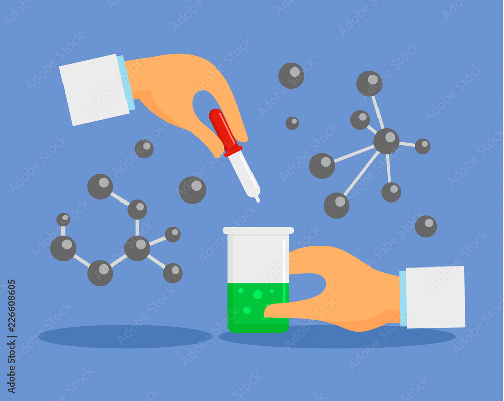 Poster pipette and flask concept background. flat illustration of pipette and flask vector concept backgrou