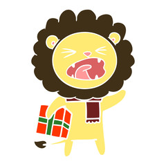 flat color style cartoon lion with christmas present