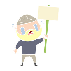 flat color style cartoon bearded protester crying
