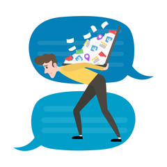 Social media and internet addiction vector concept. Young man carried on the back a notebook overloaded with notification.
