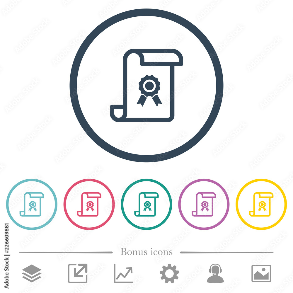 Poster scroll with certificate flat color icons in round outlines