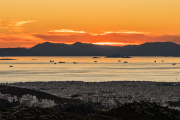 Sunset view of ships in Piraeus port, Athens in Greece