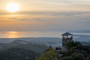Sunset view of ships in Piraeus port, Athens in Greece