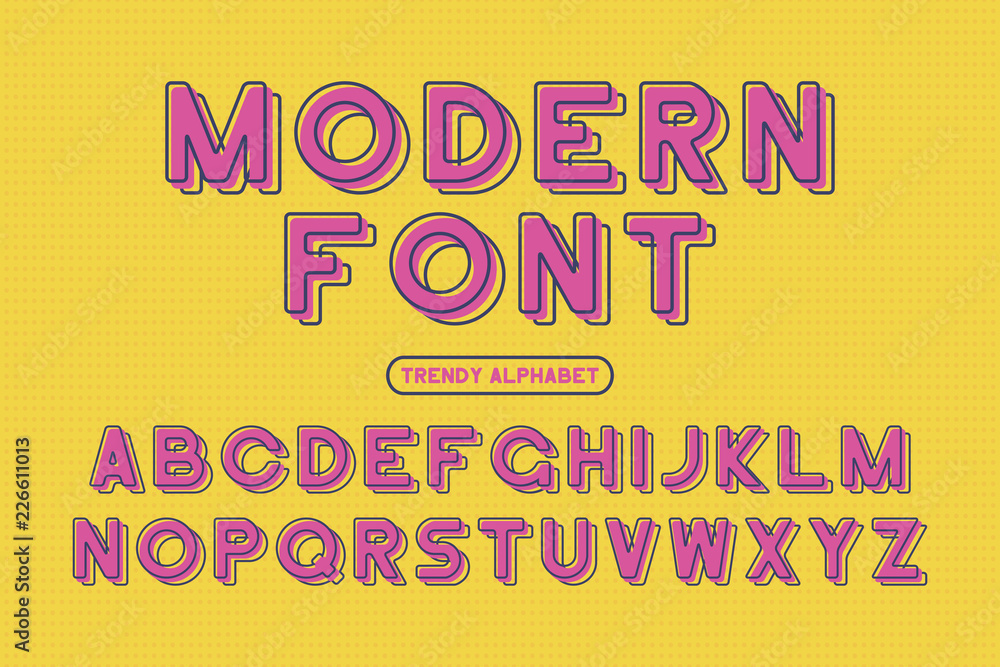 Poster Modern sans serif font. Rounded framed alphabet with offset effect. Stylized colorful typeface. Vector Illustration.