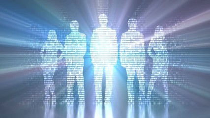 Binary light coming out of the silhouette of a group of people. Concept image of the digitized and globalized world.