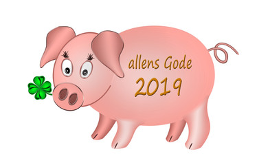 Allens Gode 2019, Glücksschwein mit Kleeblatt, plattdeutsch, weißer Hintergrund 