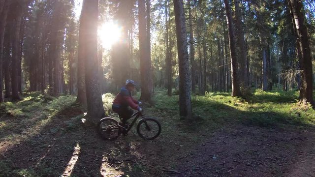 Female mountain biker riding on a sunny forest trail