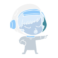 flat color style cartoon pretty astronaut girl pointing