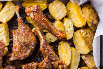 Baked meat with potatoes. Duck meat with golden crust on baking sheet. Cooked in oven dish on parchment. Golden sliced potatoes with chicken meat. Home kitchen