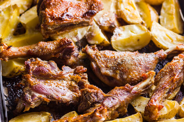 Baked meat with potatoes. Duck meat with golden crust on baking sheet. Cooked in oven dish on parchment. Golden sliced potatoes with chicken meat. Home kitchen