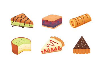 Sweets desserts objects collection, strawberry cakes, fruit and berry sweet pies with cream. Homemade bakery cake dessert pie vector set.