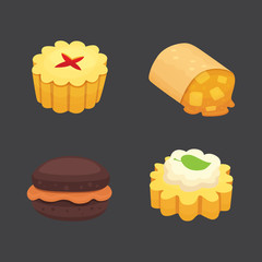 Sweets desserts objects collection, strawberry cakes, fruit and berry sweet pies with cream. Homemade bakery cake dessert pie vector set.