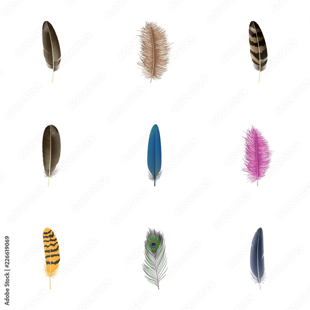 Poster feather icon set. realistic set of feather vector icons for web design isolated on white background