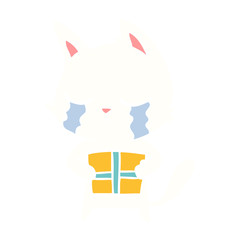 crying flat color style cartoon cat holding christmas present