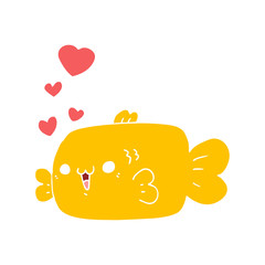 cute flat color style cartoon fish with love hearts