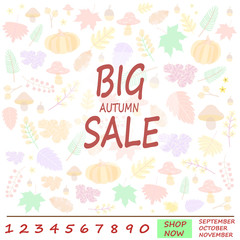 Idea for Autumn sale banner with colorful seasonal fall leaves, pumpkins and mushrooms for shopping discount promotion. Vector illustration.