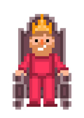 King sitting on a throne in a red costume and a golden crown, pixel art character isolated on white background. Old school retro 80s; 90s slot machine/video game graphics. 8 bit emperor logo.