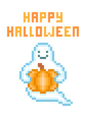 Friendly ghost holding big pumpkin, pixel art character isolated on white background. Cute 8 bit cartoon happy halloween card with text. Retro vintage 80s; 90s slot machine/video game graphics.