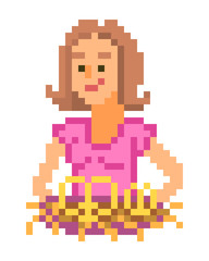 Happy waitress in a pink shirt serving pretzels on a plate, pixel art character isolated on white background. 8 bit Octoberfest woman with bread. Retro 80s; 90s slot machine/video game grapics.