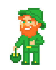 Ginger bearded leprechaun in green costume and hat with a pot of gold, pixel art isolated on white background. Irish folklore character. St. Patrick's Day card. 8 bit slot machine/video game graphics.