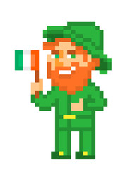 Ginger bearded leprechaun in green costume & hat with a flag of Ireland, pixel art isolated on white background.Irish folklore character.St. Patrick's Day card.8 bit slot machine/video game graphics.