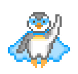 Fototapeta premium Superhero penguin in a blue cape and mask on a mission, pixel art animal character isolated on white background. 8 bit retro old school 80s; 90s slot machine/video game grapics.