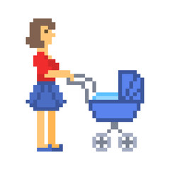 Mother walking with a baby in a stroller, pixel art character isolated on white background.8 bit parenthood logo.Old school retro 80s; 90s slot machine/video game graphics.Mum with a newborn in a park