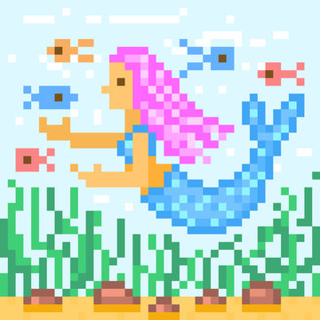 Little mermaid with pink hair swimming with fishes underwater, pixel art character. Magic water nymph, cartoon fantasy girl. Old school 8 bit slot machine pictogram. Retro 80s; 90s video game graphics