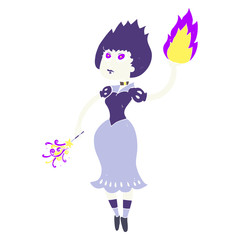 flat color illustration of a cartoon vampire girl casting fireball