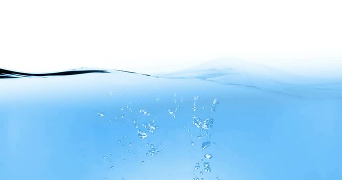 blue wave water with bubbles in tank on white background, slow motion movement, concept of clean and purity