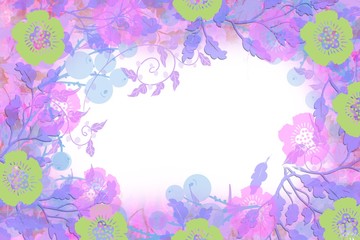 Beautiful original abstract  pastel colored floral frame with leaves, flowers and soft blurred background for invitation, cards, text ready space