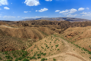 Yellow River Stone Forest of Jingtai, Gansu Province China. National Geopark, Danxia Landform. China travel, famous natural exotic landscape. Sandstone towers, large canyon dry desert valley