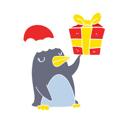 flat color style cartoon penguin with christmas present