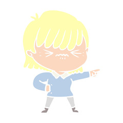 annoyed flat color style cartoon girl pointing