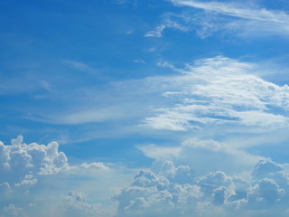 Blue sky and white clouds. It is beautiful and bright in summer. The moment of happiness and freedom is heaven.