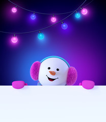 3d render, happy snowman, christmas cartoon character, wearing furry headphones, holding blank banner, hiding behind, neon lights, greeting card template, isolated on ultraviolet background