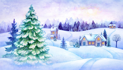 Obraz premium winter countryside view, Christmas fir trees, fairy tale village, snowy forest, rural landscape panorama, vintage greeting card, watercolor illustration
