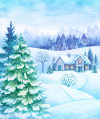 winter countryside view, Christmas fir trees, fairy tale village, snowy forest, rural landscape panorama, vintage greeting card, watercolor illustration