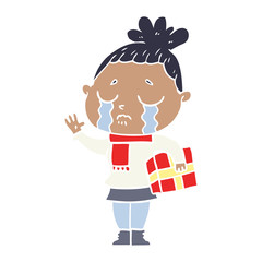 Fototapeta premium flat color style cartoon crying woman with christmas gift