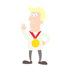 flat color illustration of a cartoon waving man with award