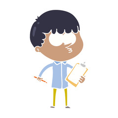 flat color style cartoon curious boy taking notes